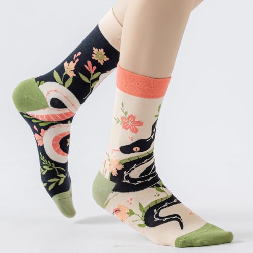 2 Pairs Cartoon Animal Crew Socks Fun Cotton Mid Calf Socks for Women - color: Snake & Flower