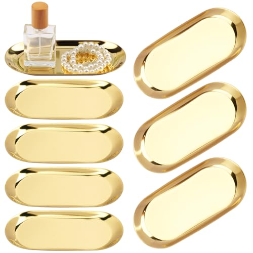 10 Pack 7 Inch Oval Stainless Steel Decorative Tray, Stainless Steel Tea Fruit Tray, 7 inch Gold Oval Trays for Bathroom Vanity, Jewelry, Perfume & Key Organizer (Gold) - size: 10 Pack 7 Inch