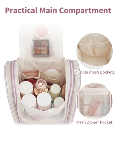 Narwey Hanging Travel Toiletry Bag for Women, Makeup Cosmetic Bag - color: CA-Dusty Rose Stripe, size: Medium