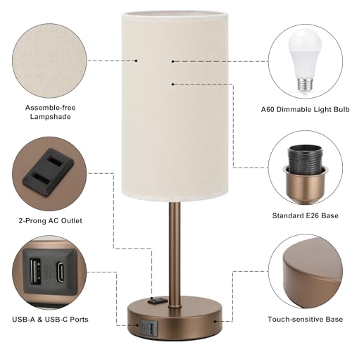Fenmzee 17.4" Brown Lamp for Bedroom - Dimmable Touch, USB A+C, AC Outlet - color: Beige - Brown, size: 17.4"