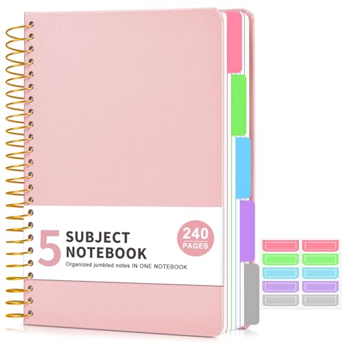 5 Subject Notebook College Ruled 240 Pages, A5(5.8"x8.3") Hardcover Spiral Notebook with Removable Pocket Dividers Tabs, Lined Spiral Journal Notebook for Women, Notebooks for Work School Note taking Pink - color: Pink, size: A5