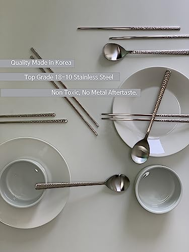 Korean Made Silver Glossy Hammered Stainless Steel Korean Spoon & Chopstick SET Gift for Mom Stocking Stuffer(4SET)