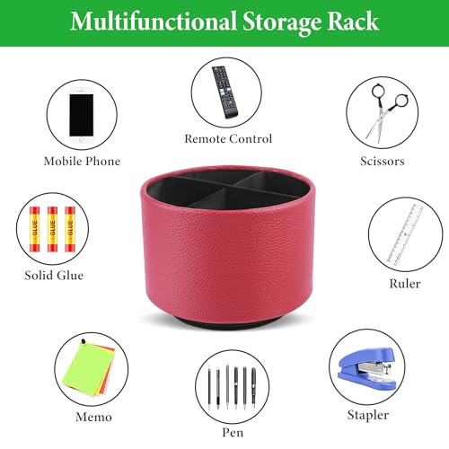 Round Leather Art Supply Organizer,Remote Control Holder,360 Degree Spinning,Multi-Functional Pencil Holder,4 Compartments Desktop Stationary Organizer(1-Lichee Red) - color: 1-Lichee Red