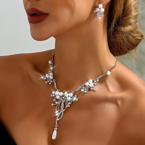 Pearl Bride Wedding Jewelry Set Faux Pearls Crystal Rhinestone Necklace Earrings Bracelet Sets for Women Bridesmaid(3 PCS) - color: Silver - Pearl A