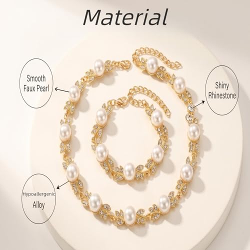 Pearl Bride Wedding Jewelry Set Faux Pearls Crystal Rhinestone Necklace Earrings Bracelet Sets for Women Bridesmaid(3 PCS) - color: Golden-big pearl