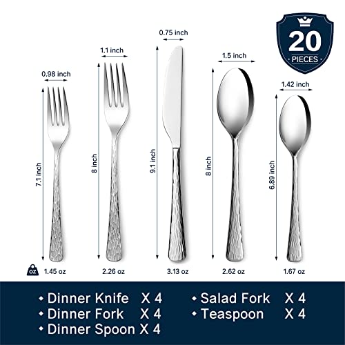 Silverware Set for 4, 20 Piece Flatware Set, 18/10 Stainless Steel - color: Silver, size: 20-Piece