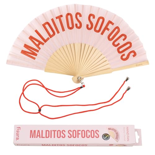Fisura – Original Folding Fan with Message M*lditos sofocos, Wooden Handheld Fan for Women, Includes Hanger, Menopause Relief Accessory for Party, Birthday or Gift - color: M*lditos Sofocos, Pink