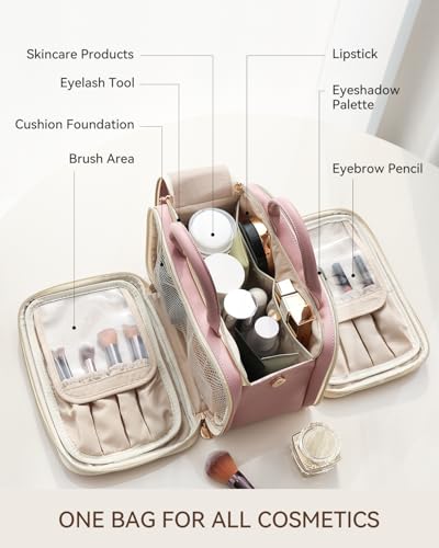 Prite Large Makeup Bag, Waterproof Travel Cosmetic Case with Brush Holder - color: Pink, size: Large