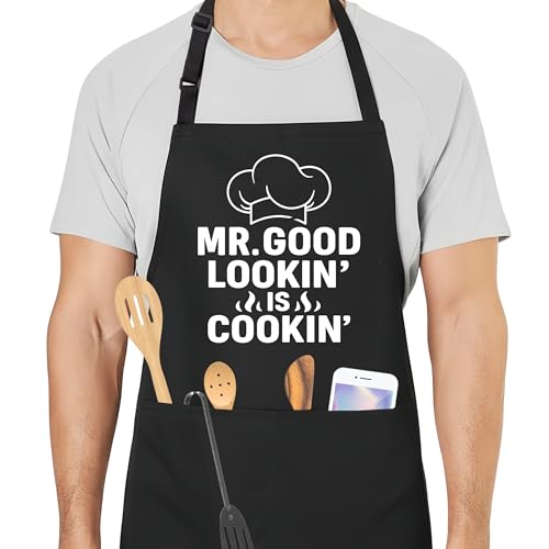 Mr. Good Lookin is Cookin Funny Aprons for Men with 2 Pockets, Cooking Apron for Dad, Gag Gifts for Men, Adjustable Grilling Apron for Husband, Chef Kitchen Gifts for Birthday & Father’s Day - A22 - color: Mr. Good Lookin is Cookin 2