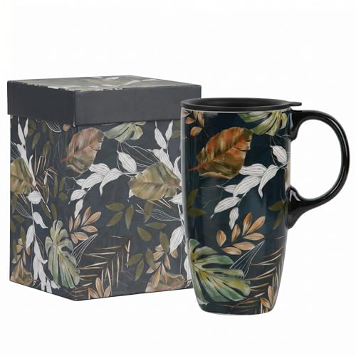 Topadorn 17oz Ceramic Travel Mug with Lid and Handle, Botanical Leaf Coffee Mug, Spill-Resistant, Microwave & Dishwasher Safe, Gift Box Included - color: Leaf