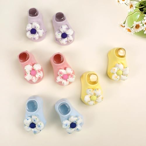 4Packs Baby Girls Socks,Flower Non-Slip Grips for Babies Toddler Princess - color: Pink Bule Light Purple Yellow