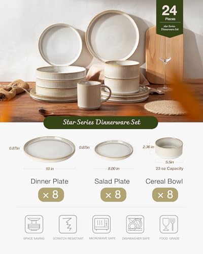 Famiware Star Stoneware Dinnerware Sets for 8, Reactive Glaze Plates, Bowls - color: Cappuccino White