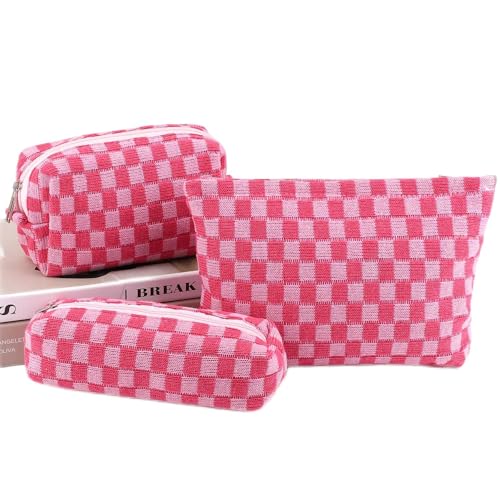 EIMMBD Makeup Bag 3 Pieces Large Capacity Checkered Cosmetic Bags Canvas Travel Toiletry Bag Organizer Cute Makeup Pouch Storage for Women(Rose) - color: Rose