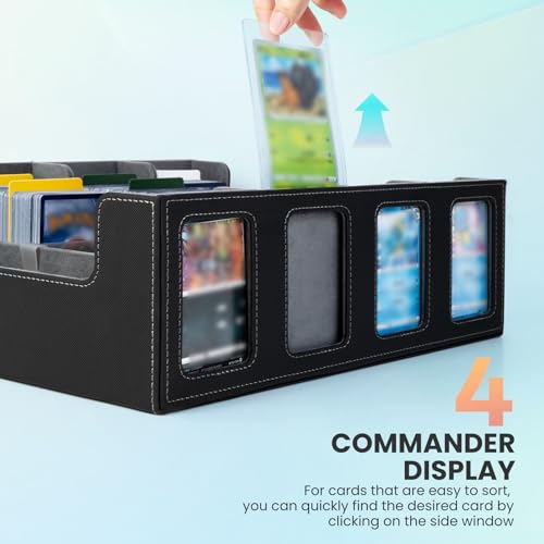 Trading Card Storage Box with Commander Display, 4-Row Deck Case with Removable Lid & Handle, 3000+ Card Organizer with 24 Colorful Dividers & 4 Stoppers for MTG, Black & Grey - color: Black & Grey, size: 3000+, with Handle
