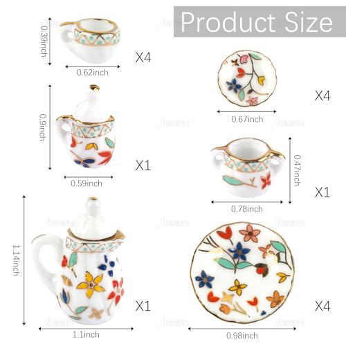 AUEAR, 15 Pack Miniature Ware Porcelain Tea Set 1:12 Miniatur Dish Cup Plate Classic Kitchen Accessories(Gold Leaf Pattern)