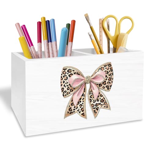Leopard Coquette Bow Pen Holder for Desk, Pink and Cheetah Print Pencil Organizer, Preppy Trendy Leopard Bow Wooden Box Sign Desk Decor for Girls Bedroom Home Decoration - color: Cheetah