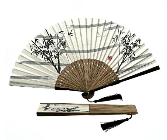 Original Hand-Painted Ink Bamboo Silk Folding Fan with Traditional Red Seal, Bamboo-Framed Hand Fan for Women and Men, Ideal for Cooling, Performance, Gifting, and Home Decor - color: Bamboo