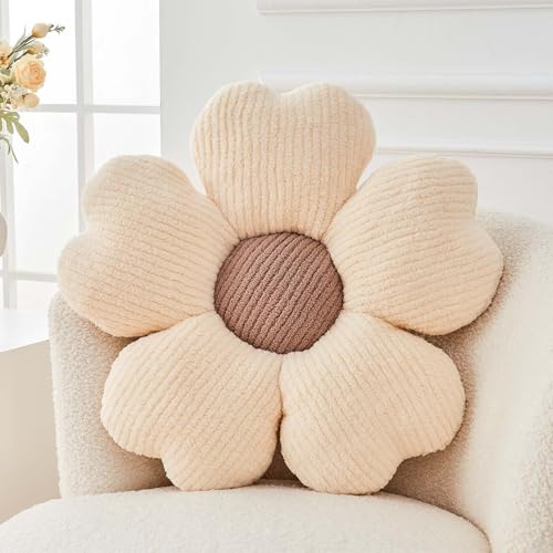 Kcvvcr Flower Throw Pillow, Cute Flower Shaped Pillow Decorative Throw Pillow for Bed Couch, Soft Daisy Pillows Floor Seating Cushion Cushions (14.9 Inch Ivory+Brown) - color: Ivory+brown, size: 14.9 Inch