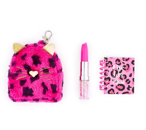VOTUM Pink Leopard Keychain Charm for Backpacks, Purses, Handbags, Car Keys with Stationery Set - Includes Mini Notebook, Gel Pen, Eraser, Stickers - Fun Gift for Tweens & Adults Ages 8+ - style: Pink Leopard Cat