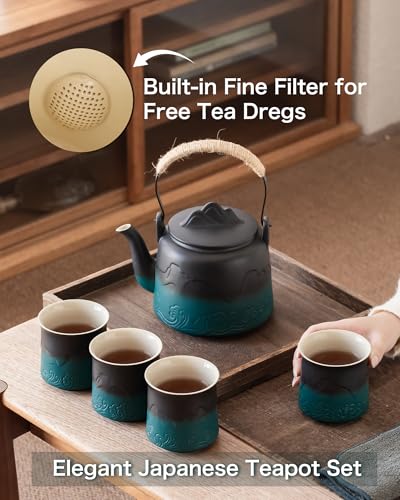 ZENS Ceramic Teapot with Infuser, 33.8oz Japanese Loose Leaf Tea Teapot - color: Black/Green, size: 33.8oz Teapot&4 of 8oz Cups