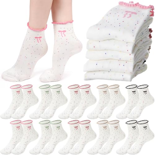 Chicingyou 10 Pairs Women Ruffle Socks Coquette Girly Frilly Cotton Crew Sock Bow Animal Heart Breathable Ankle Socks - color: Colorful, style: Coquette Bow