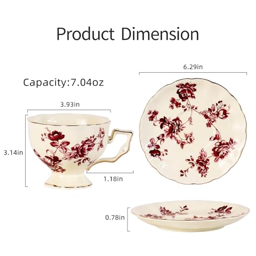 KAMMAK Tea Cups and Saucers Set of 2, 7 oz Porcelain Coffee Cups, 562N - size: 7KPSP562N