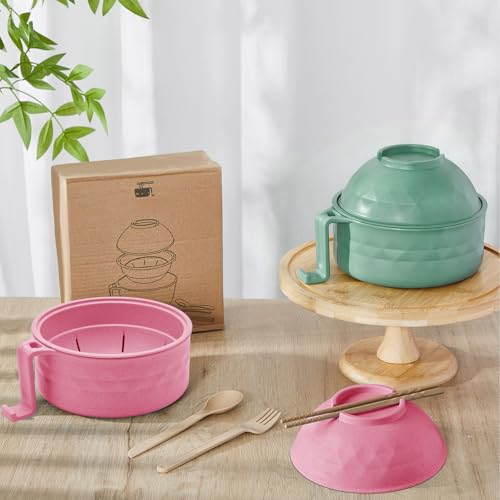 2 Sets 40 oz Microwave Ramen Bowl with Handles, Pink, Light Green - color: Pink, Light Green