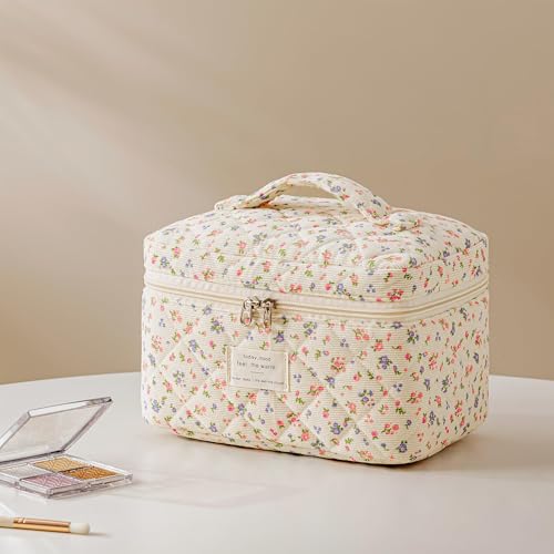 HBselect Quilted Makeup Bag, 3Pcs Cotton Large Travel Makeup Bags Organizer - color: A-3PCS-Floral 12