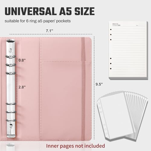 Ovesmusl PU Leather Aesthetic A5 Binder 6 Ring Binder Journal Cover - color: Pink, size: A5