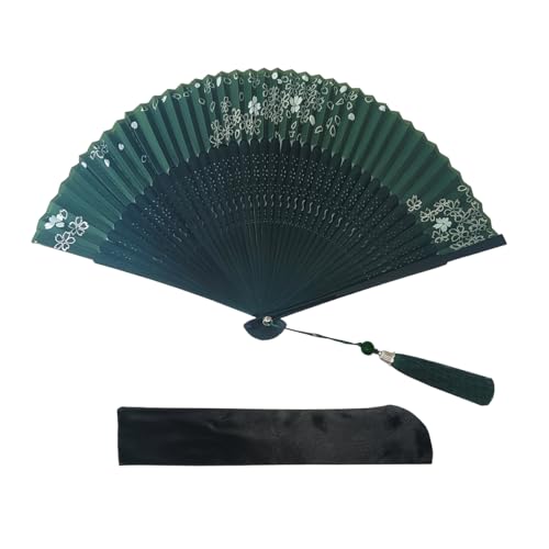 Mini Charming Elegant Modern Woman Handmade Bamboo Silk 8.2 in (21cm) Folding Pocket Hand Fan Chinese Japanese Vintage Retro Style Fan with Silk Pouches, Ladys Girls Gifts (Green)