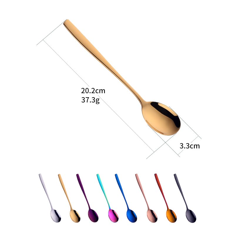 Metal Round Spoons, 8 inch Stainless Steel Reusable Long Handle Korean Soup Spoons, Table Dinner Desert Spoon Set of 8 - size: mix colors