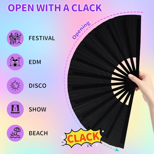 EOSAU Large Rave Fan, Folding Hand Fans for Line Dancing, Black - color: 13" Black 02