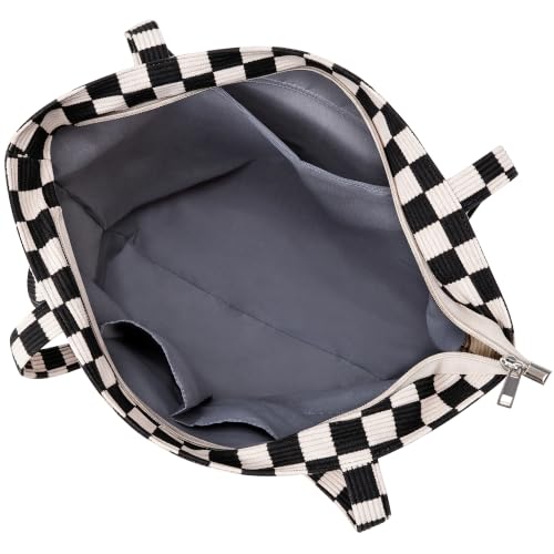 KALIDI Women Corduroy Tote Bag Zipper Casual Tote's Handbag Big Capacity Shoulder Bag with Pockets - color: Checkerboard Black