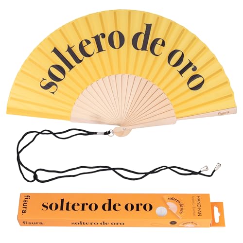 Fisura – Original folding fan with message “soltero de oro”. Yellow wooden handheld fan for men with hanger. Accessory for weddings, bachelor parties, festivals and unique gift ideas. 16.7 x 9