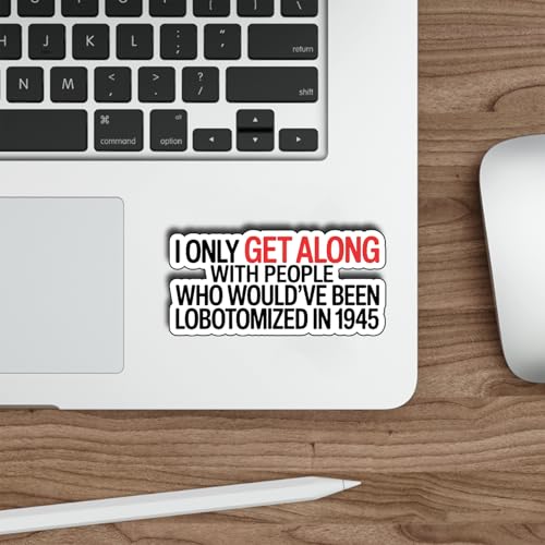 (3Pcs) I Only Get Along with People Who Would’ve Been Lobotomized in 1945 Stickers Funny Dark Humor Sarcastic Quote Gifts Waterproof Vinyl Decals Water Bottle Hard Hat Phone Laptop Size 1.4" x 3" - color: I Only Get Along With People