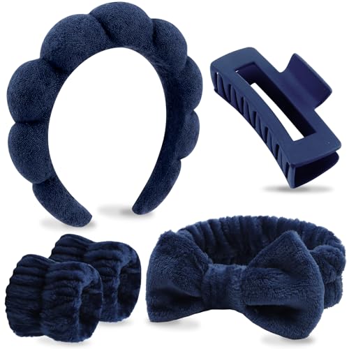 VELSCRUN Spa Headbands for Wash Face, Makeup Headband, Facial Skincare Headbands, 5 Pcs Dark Blue Puffy Sponge Spa Headband Bow Tie Hair Band Hair Clips Wristband Set Women Girls Accessories - color: Dark Blue
