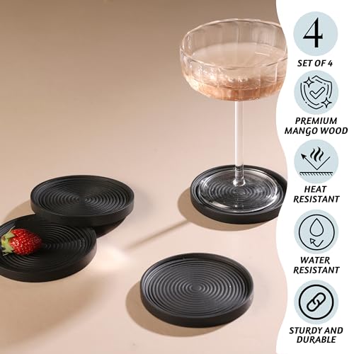 Folkulture Wooden Cute Wood Coasters with Holder, Black, Set of 4, Drinks - color: Black