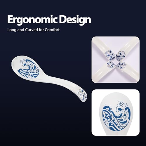 Hagary Ceramic Spoon Soup Spoons Asian Soup Spoon Chinese Korean Japanese Ramen Spoons Set of 4 with Hole 6.2 Inch (Blue - Wave) - color: Blue - Wave