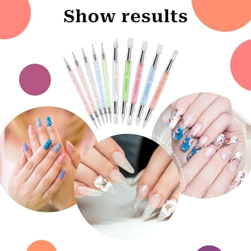10PCS Nail Art Gel Carving Pen Acrylic Nail Dotting Pen Rhinestone Handle Double-Ended Silicone Nail Art Pen Brushes for Design Nail Foil Carving Drawing and 3D Effect Shaping Drawing Dotting Tools - color: 10 pcs style A