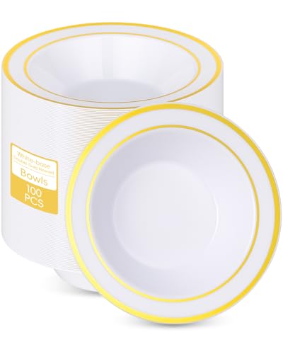 realluck 100pc Disposable Soup Bowls with Gold Rim - color: Gold, size: 100Pack