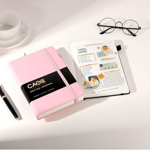 CAGIE Bullet Dotted Journal Notebook 320 Pages 100 GSM Paper Hardcover A5 Dot Grid Notebook Leather Journals for Writing Women Men Work Journaling, Pink - color: Pink, style: Dotted A5