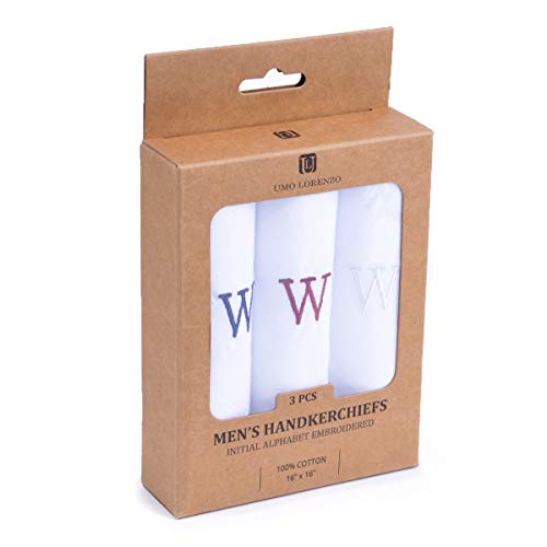 Initial Handkerchief for Men, Monogrammed Boxed 3 Piece Set,100% Cotton - color: W initial