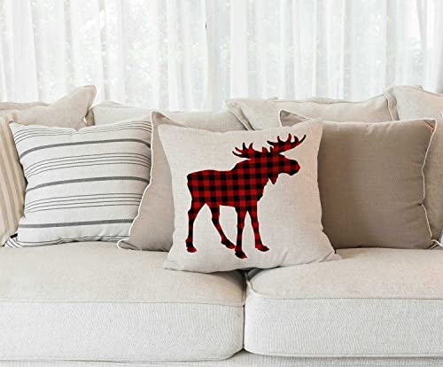 Solekla Moose Red and Black Chess Plaid Scottish Buffalo Cotton Linen Outdoor Pillow Cases Square Standard Cushion Covers for Sofa Couch Bed Car 18x18 inch - color: Sl221