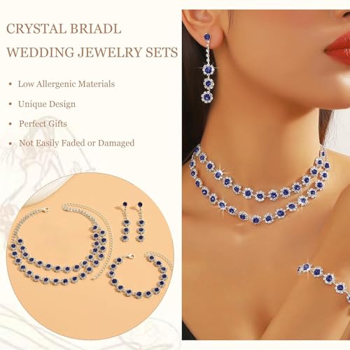 HUASAI Silver Wedding Jewelry Sets for Brides Rhinestone Necklace Earrings Bracelet Set Guest Dress Accessories Bridal Jewelry Formal Wedding Prom Party - color: A:blue bride jewelry set