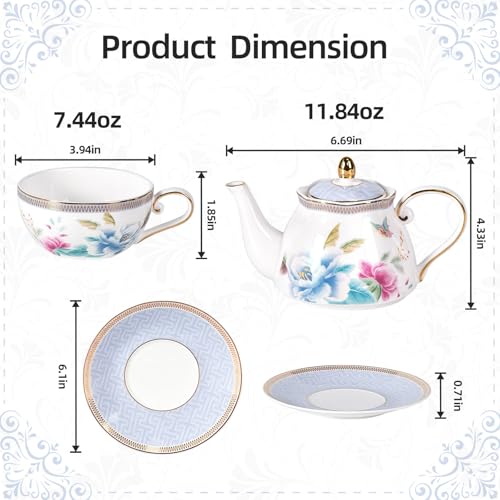 KAMMAK Tea for One Set, Ceramic Teapot, Bone China Tea Set, Cup and Saucer - color: Colorful-GH8