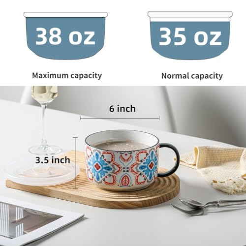 Jumbo Ceramic Soup Bowl with Lid, Microwave Safe - Pattern B - color: Pattern B, size: Set of 1