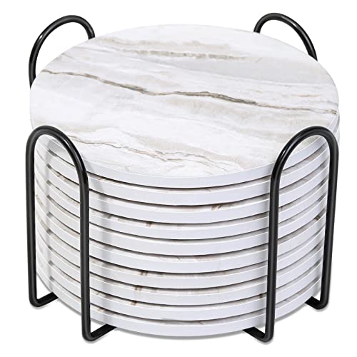Caffox Coasters Set of 10, Absorbent Drink Coasters with Holder, Marble Style Ceramic Coaster for Wooden Table, Home Decor, 4 Inches(Griege)