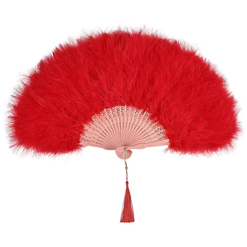 whitefeather Vintage Feather Hand Fan, 17.7 x 11.8 inches, Marabou Feathers, 1920s Style for Costume Parties, Tea Parties - color: Red
