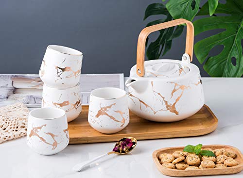 Serve of 4-Marble Porcelain Teapot Set with Infuser for Loose Tea, White - color: White