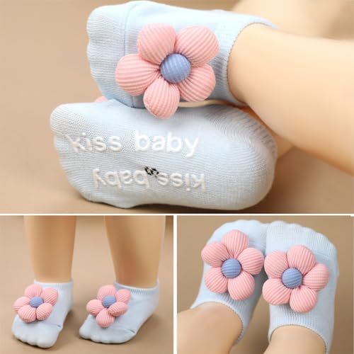 4Packs Baby Girls Socks,Flower Non-Slip Grips for Babies Toddler Princess - color: Grey Khaki Off-white Light Blue